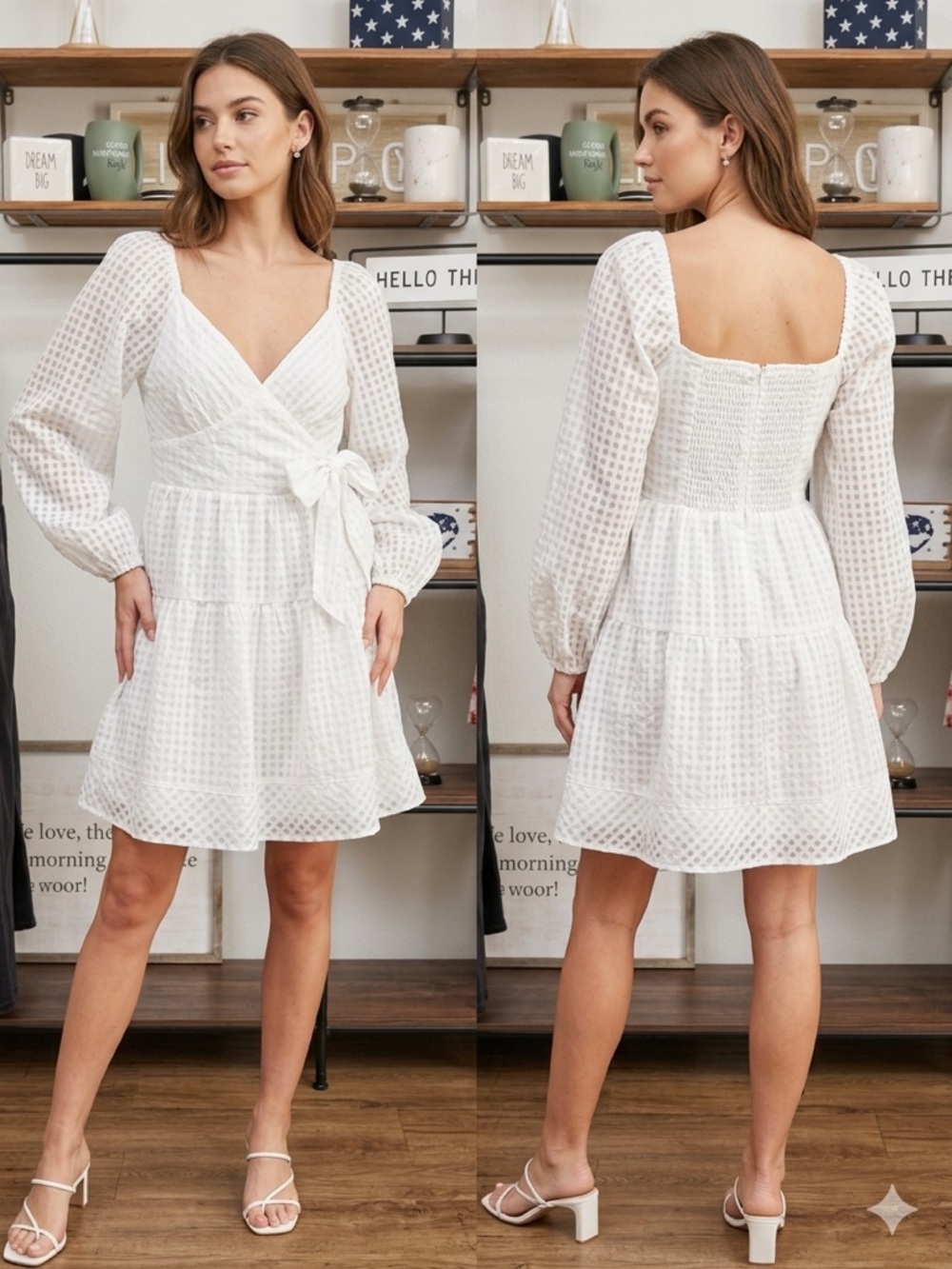 Petal & Pup White Textured V-Neck Mini Dress with Waist Tie